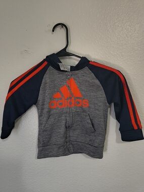 adidas Kids Navy & Gray Zip Hoodie with Bright Orange Logo